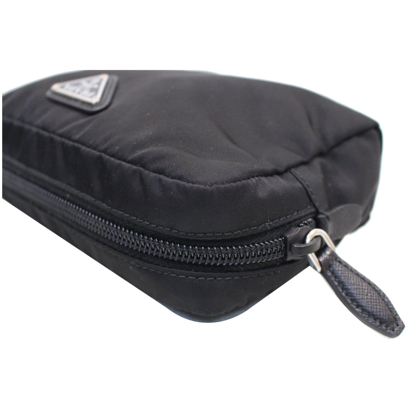 PRADA Logo Round Edge Nylon Cosmetic Wristlet Pouch Black 1NE021