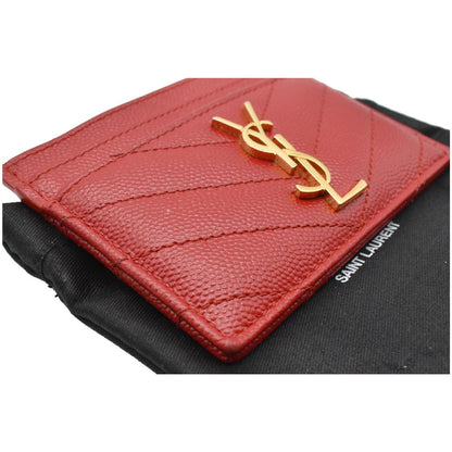 YVES SAINT LAURENT Monogram Grain Embossed Leather Card Case Red