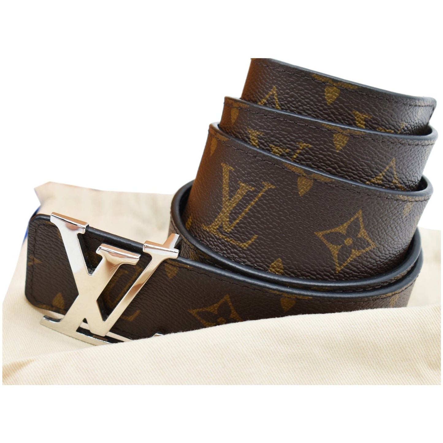 LOUIS VUITTON LV Initiales Monogram Canvas Silver Buckle Belt Brown