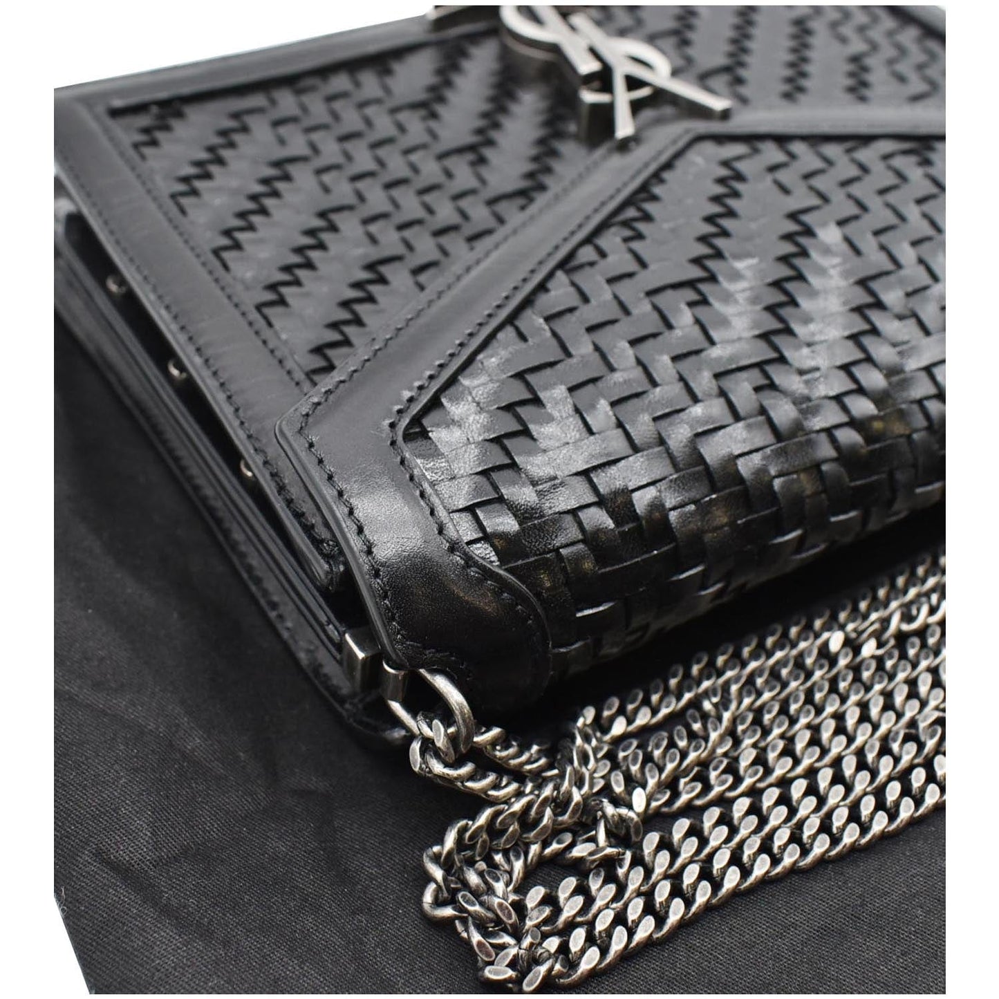 YVES SAINT LAURENT Cassandra Medium Woven Leather Chain Shoulder Bag Black