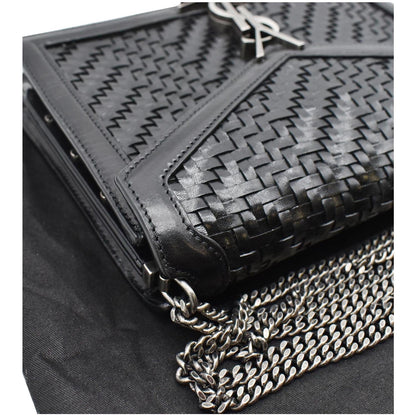 YVES SAINT LAURENT Cassandra Medium Woven Leather Chain Shoulder Bag Black