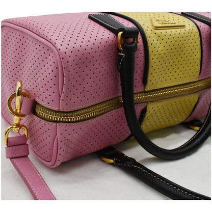 PRADA Bowling Perforated Saffiano Leather Satchel Bag Pink/Yellow