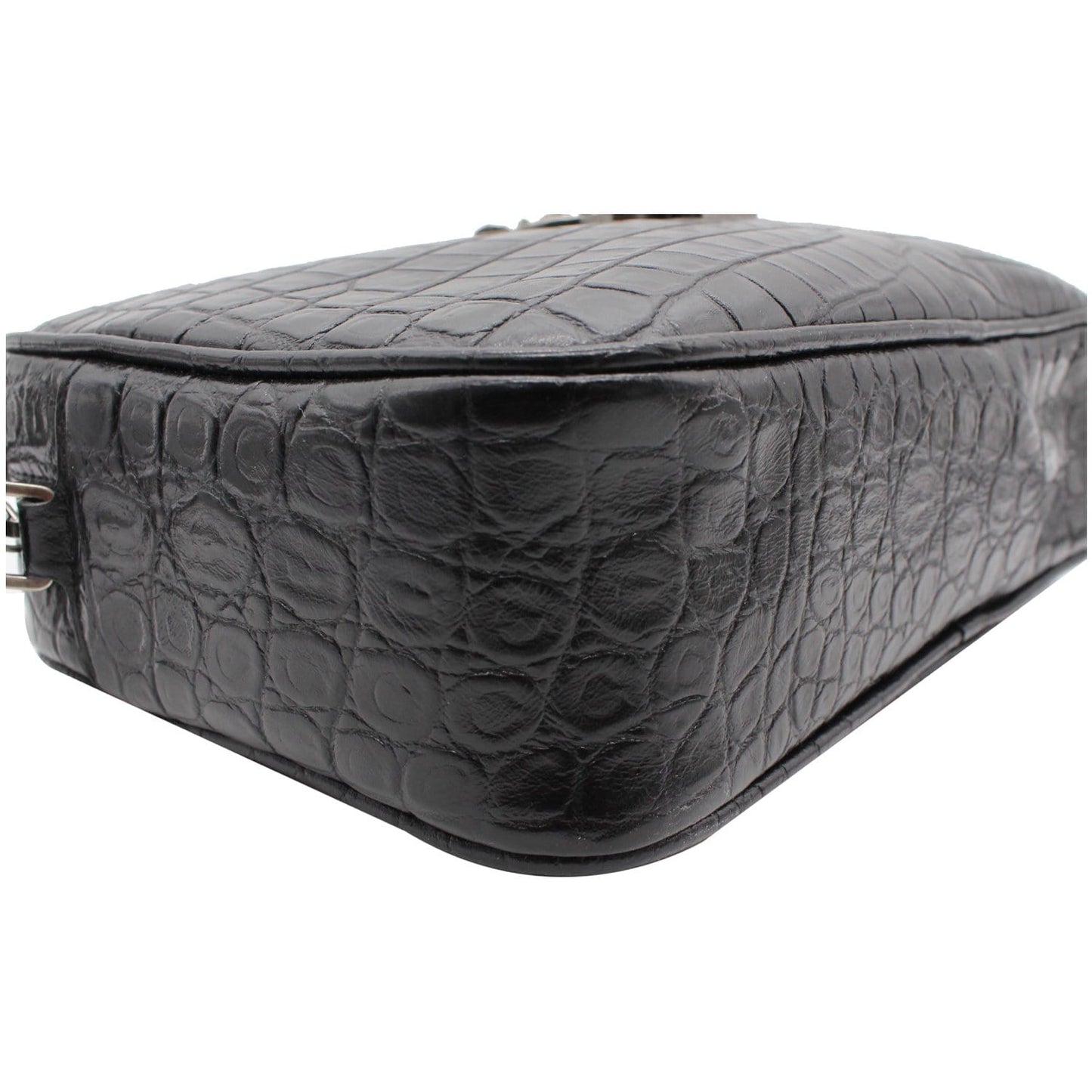 YVES SAINT LAURENT Lou Crocodile Embossed Leather Camera Crossbody Bag Black