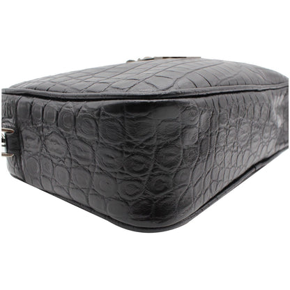 YVES SAINT LAURENT Lou Crocodile Embossed Leather Camera Crossbody Bag Black