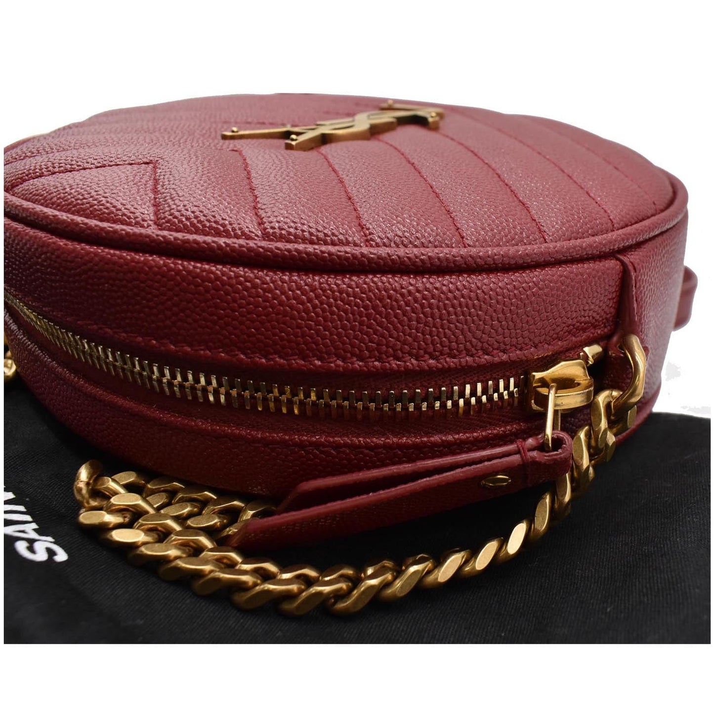 YVES SAINT LAURENT Vinyle Round Chevron Leather Camera Crossbody Bag Red