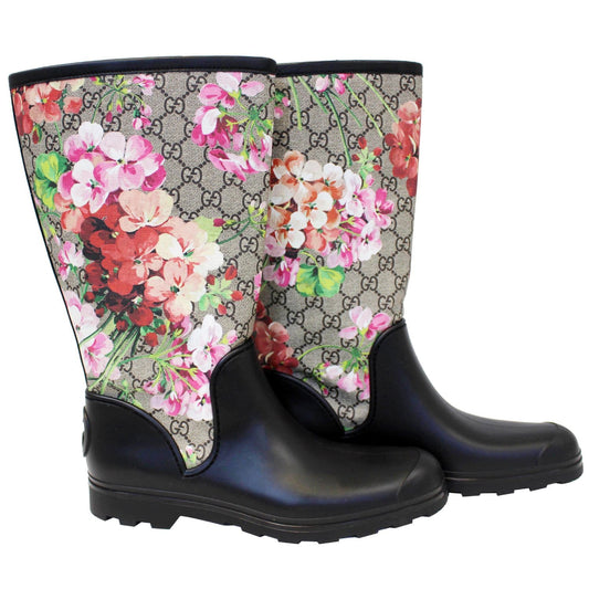 GUCCI GG Supreme Monogram Blooms Flat Rubber Boots Size 41
