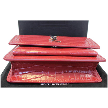 YVES SAINT LAURENT Sunset Crocodile-Embossed Wallet on a Chain Bag Red