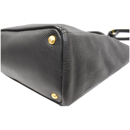 PRADA Vitello Daino Side-Pocket Leather Tote Shoulder Bag Black