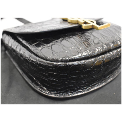 YVES SAINT LAURENT Kaia Small Crocodile Embossed Leather Satchel Bag Black