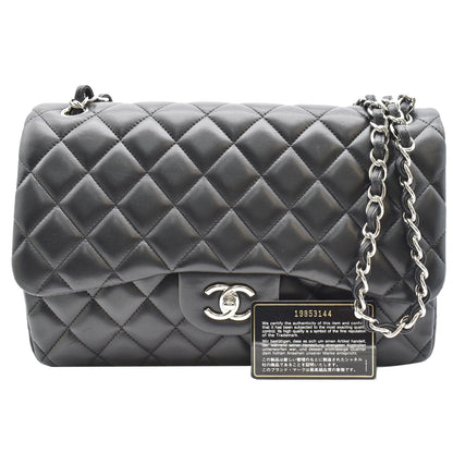CHANEL Classic Jumbo Double Flap Lambskin Leather Shoulder Bag Black