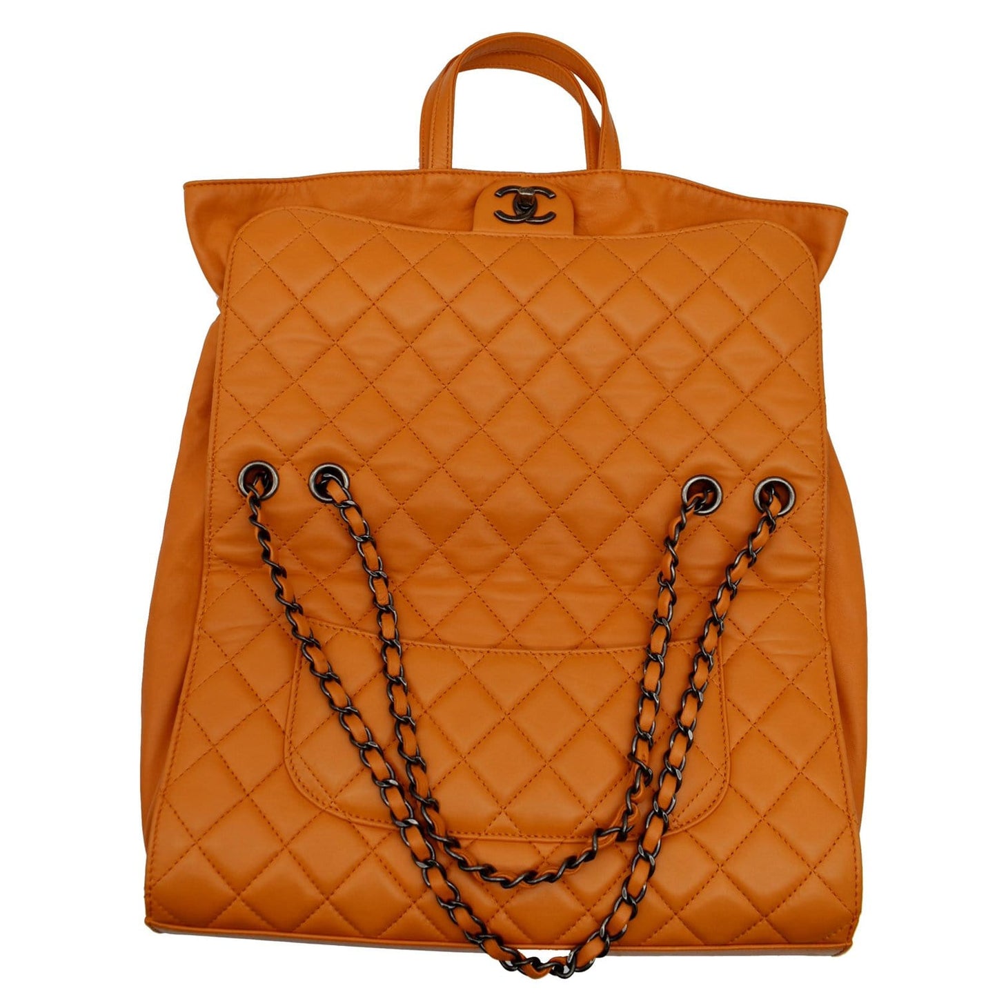 CHANEL Classic Flap Drawstring Quilted Lambskin Leather Shopper Shoulder Bag Orange