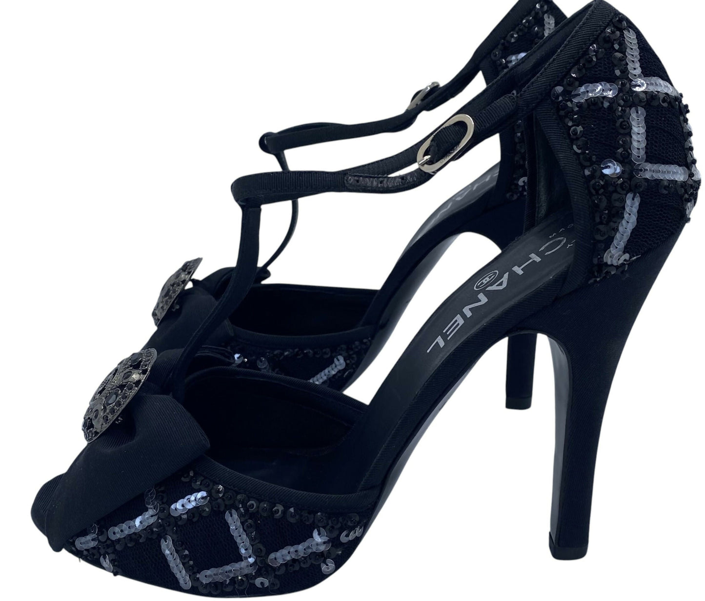 Chanel 09P Runway Black Sequin Bow CC Brooch Strap Heels Sandals EU 40