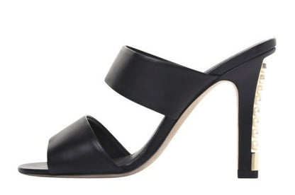 Chanel 17A Black Lambskin Leather Pearl Heel Sandal Mules EU 38.5C