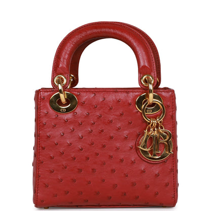 Christian Dior Mini Lady Bag Burgundy Ostrich Gold Hardware