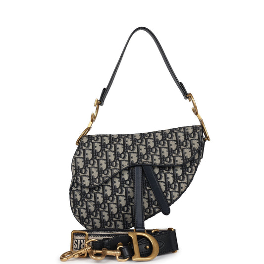 Christian Dior Saddle Bag Navy Blue Oblique Jacquard Antique Gold Hardware