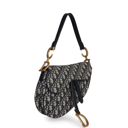 Christian Dior Saddle Bag Navy Blue Oblique Jacquard Antique Gold Hardware