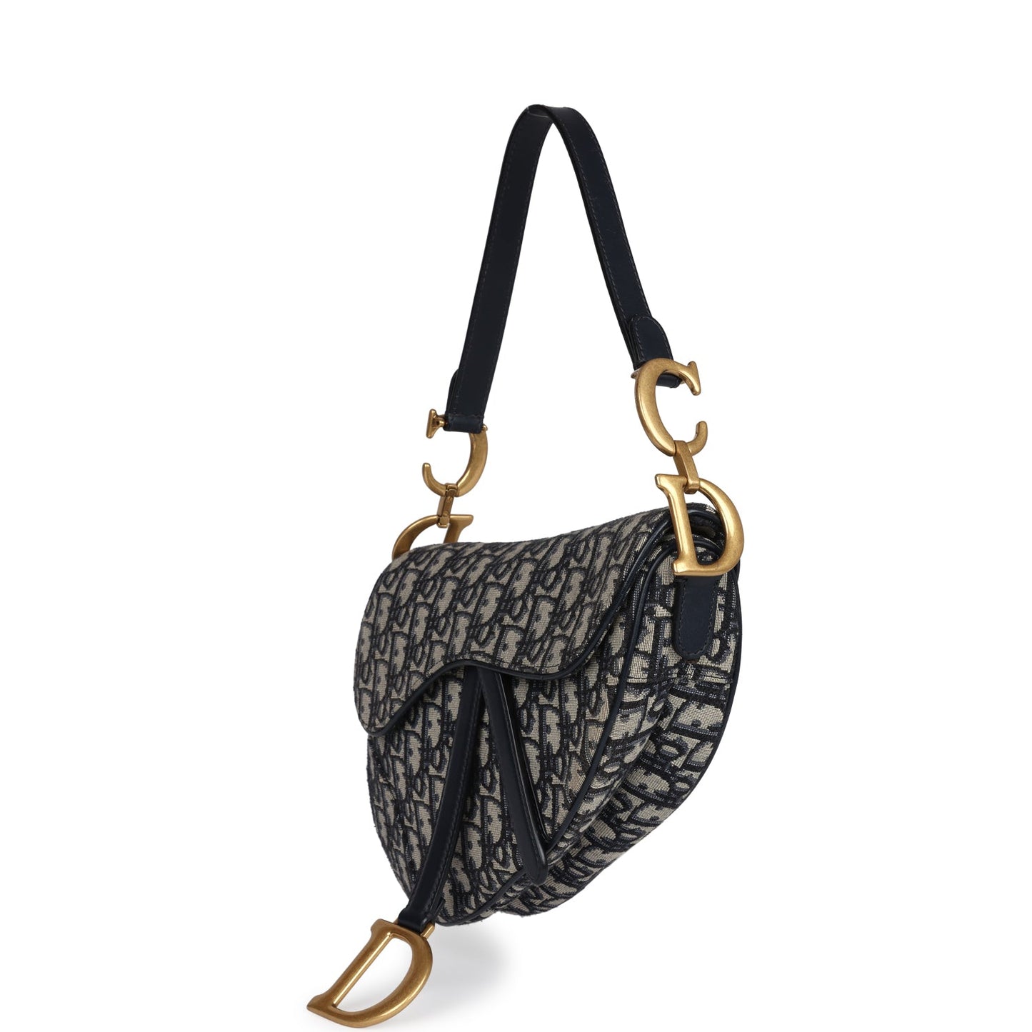 Christian Dior Saddle Bag Navy Blue Oblique Jacquard Antique Gold Hardware