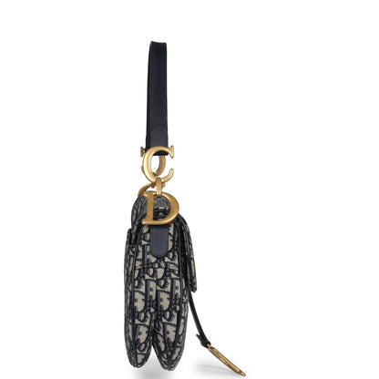 Christian Dior Saddle Bag Navy Blue Oblique Jacquard Antique Gold Hardware