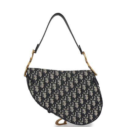 Christian Dior Saddle Bag Navy Blue Oblique Jacquard Antique Gold Hardware