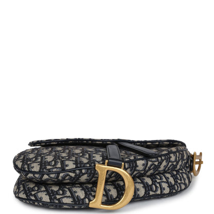 Christian Dior Saddle Bag Navy Blue Oblique Jacquard Antique Gold Hardware