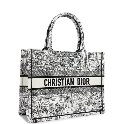 Christian Dior "Paris All Over" Book Tote Medium White and Black Embroidered Canvas