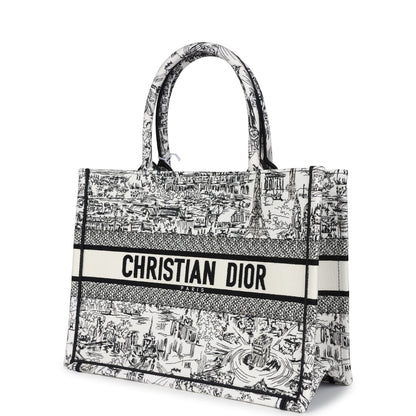 Christian Dior "Paris All Over" Book Tote Medium White and Black Embroidered Canvas