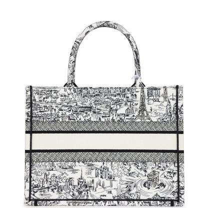 Christian Dior "Paris All Over" Book Tote Medium White and Black Embroidered Canvas
