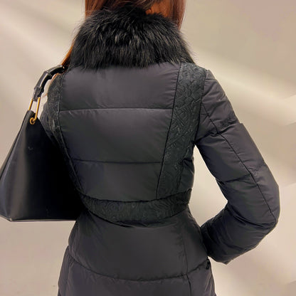 Prada Black Ladies Puffer with Blue Fox Collar