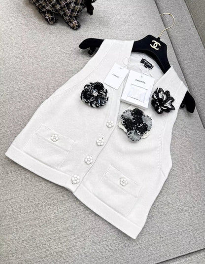 Chanel 23k white camellia cashmere vest