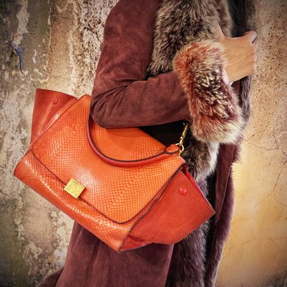 Celine Medium SnakeSkin Orange Trapeze Shoulder Bag TWS