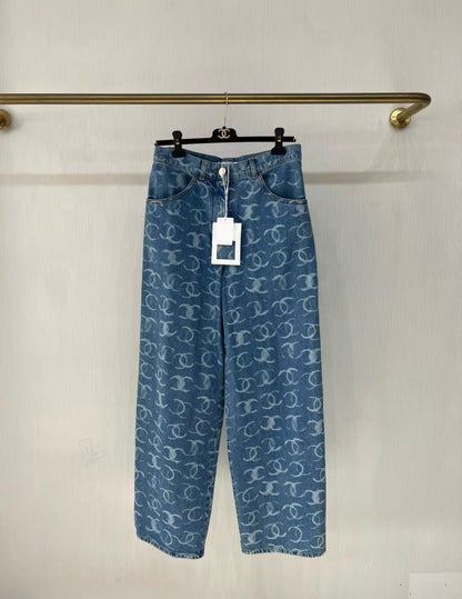 Chanel 23B Runway Light Blue Denim White CC Print Logo Baggy Oversized Jeans size 38
