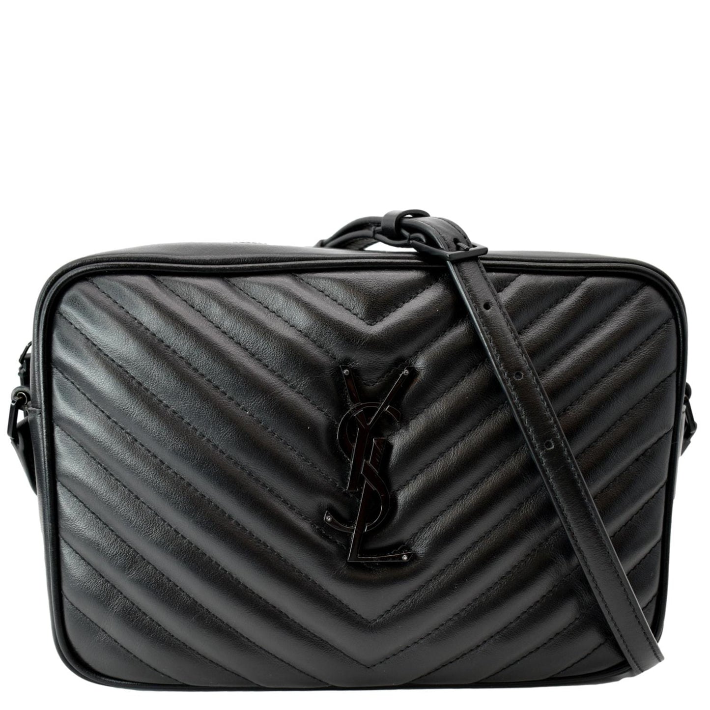 YVES SAINT LAURENT Lou Chevron Leather Camera Crossbody Bag Black