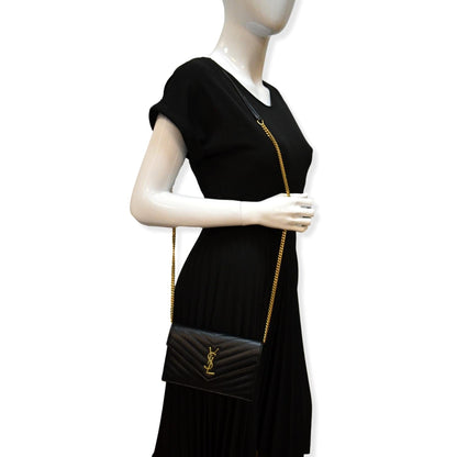 YVES SAINT LAURENT Envelope Monogram Leather Crossbody Chain Wallet Black