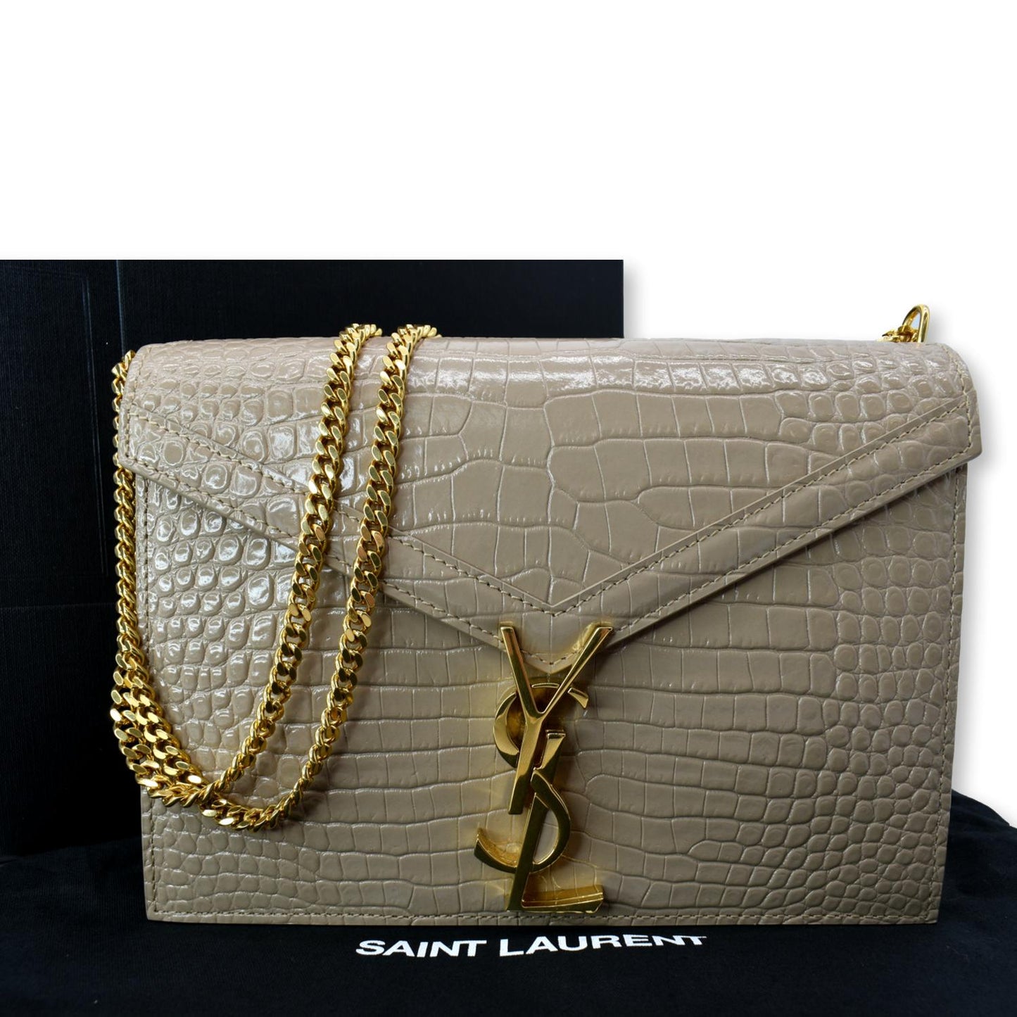 YVES SAINT LAURENT Cassandra Top Handle Embossed Shoulder Bag Beige