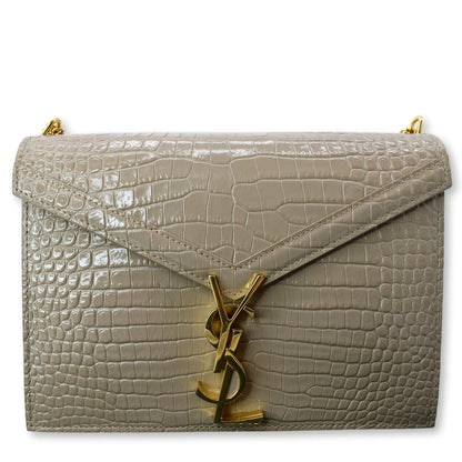 YVES SAINT LAURENT Cassandra Top Handle Embossed Shoulder Bag Beige