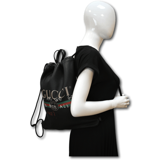 GUCCI Drawstring Print Leather Backpack Bag Black 494053