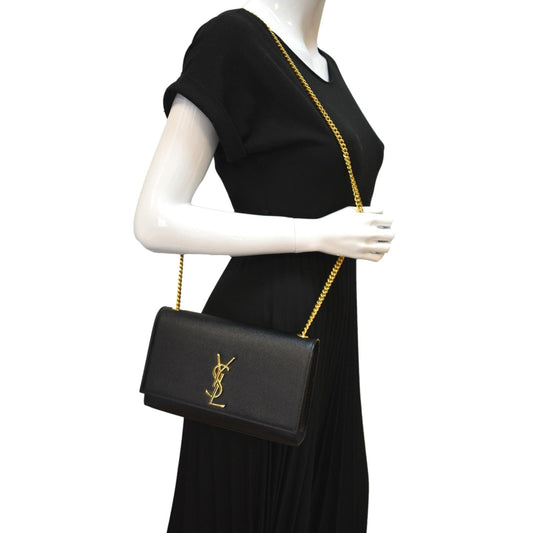 YVES SAINT LAURENT Kate Leather Gold Chain Clutch Crossbody Bag Black