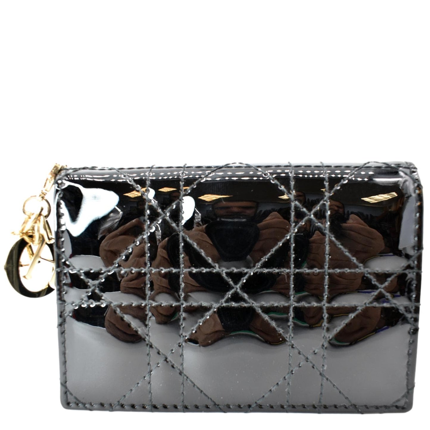 CHRISTIAN DIOR Mini Lady Dior Cannage Calfskin Leather Compact Wallet Black