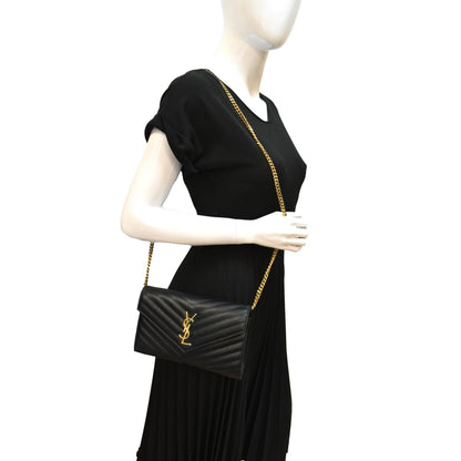Yves Saint Laurent Embossed Leather Wallet on Chain Shoulder Bag Black