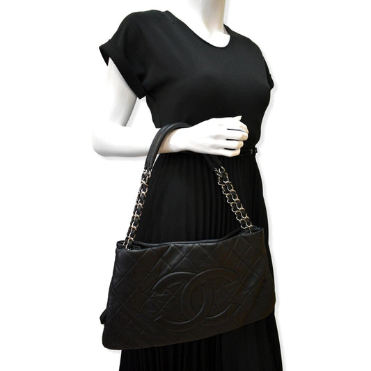 CHANEL Expandable Zip Around Caviar Quilted Tote Shoulder Bag Black
