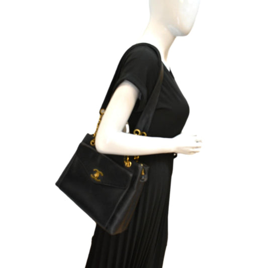 CHANEL Vintage Front Pocket Caviar Leather Shoulder Bag Black