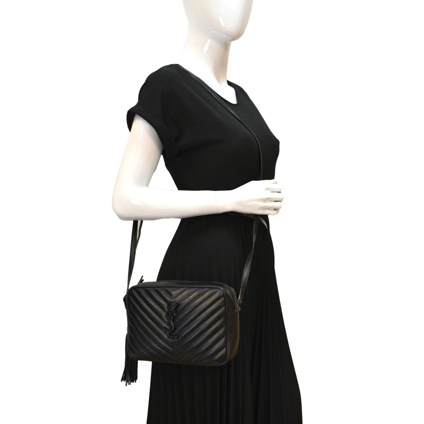 YVES SAINT LAURENT Lou Chevron Leather Camera Crossbody Bag Black