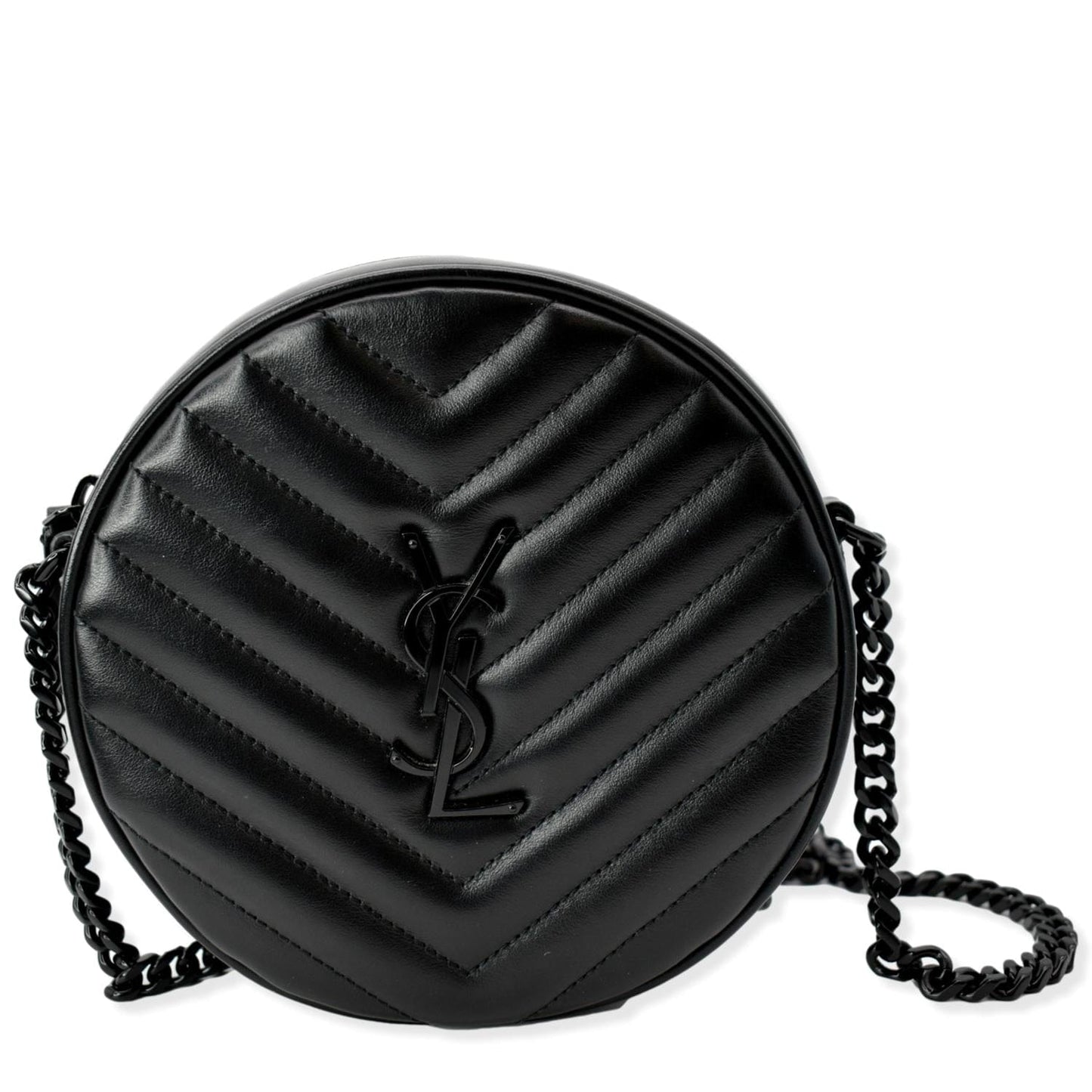 YVES SAINT LAURENT Vinyle Round Chevron Leather Camera Crossbody Bag Black