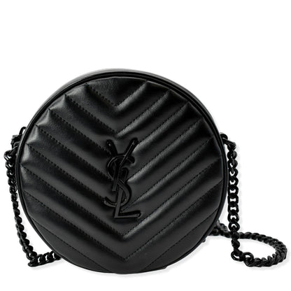 YVES SAINT LAURENT Vinyle Round Chevron Leather Camera Crossbody Bag Black