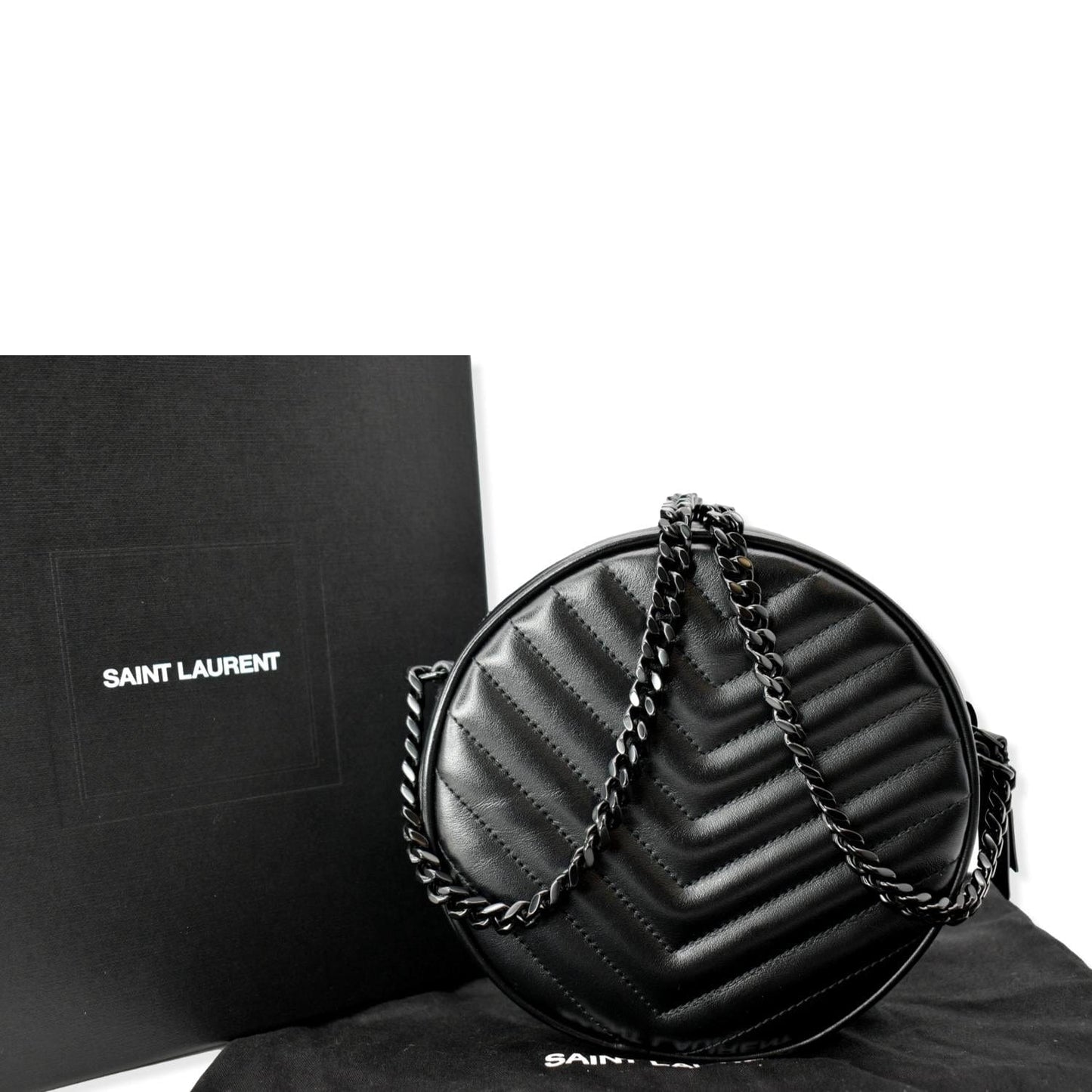 YVES SAINT LAURENT Vinyle Round Chevron Leather Camera Crossbody Bag Black