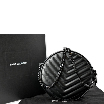 YVES SAINT LAURENT Vinyle Round Chevron Leather Camera Crossbody Bag Black
