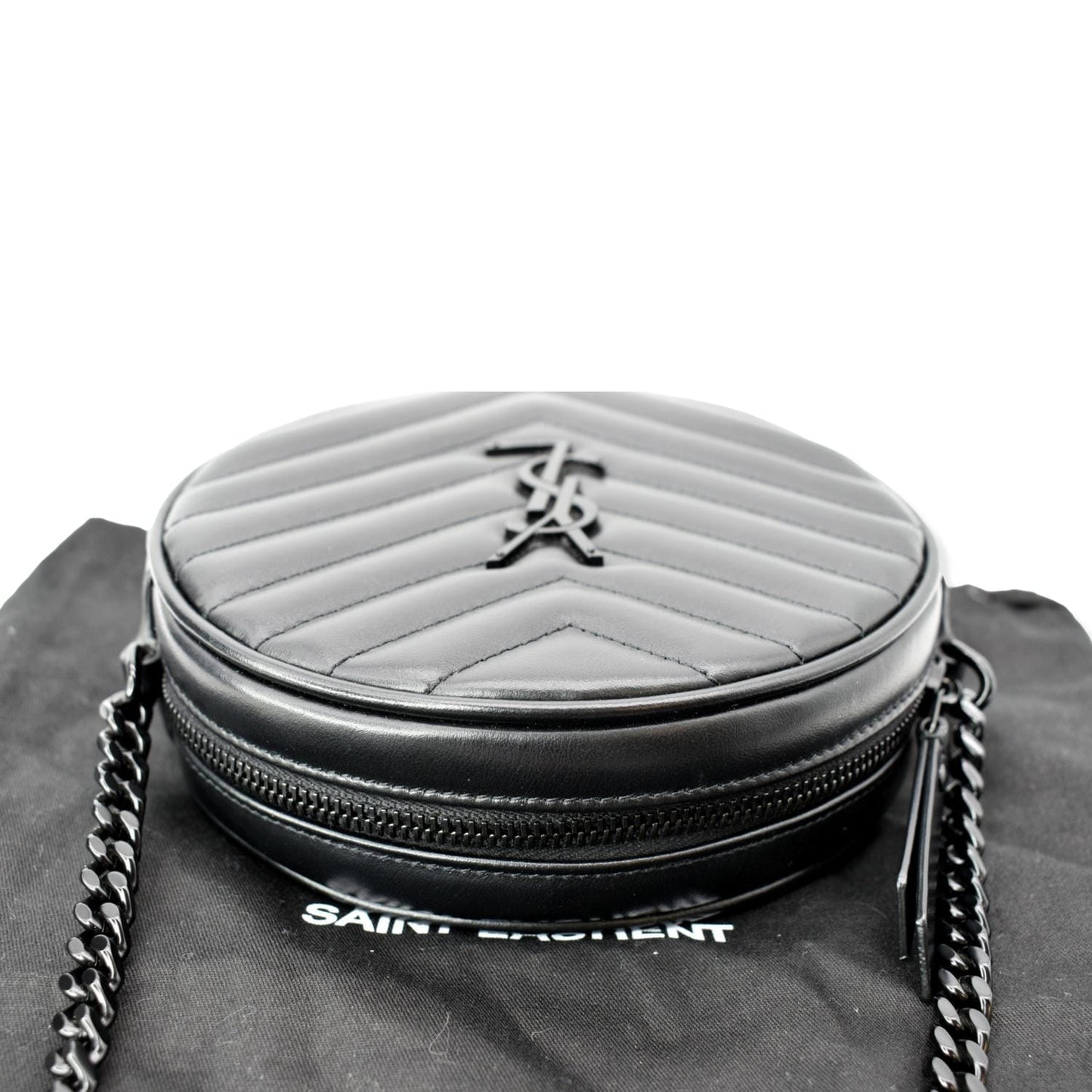 YVES SAINT LAURENT Vinyle Round Chevron Leather Camera Crossbody Bag Black