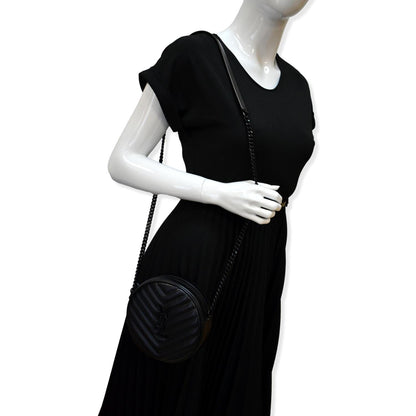 YVES SAINT LAURENT Vinyle Round Chevron Leather Camera Crossbody Bag Black