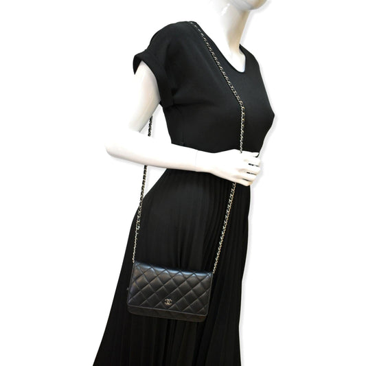 CHANEL Wallet On Chain Lambskin Leather WOC Crossbody Bag Black
