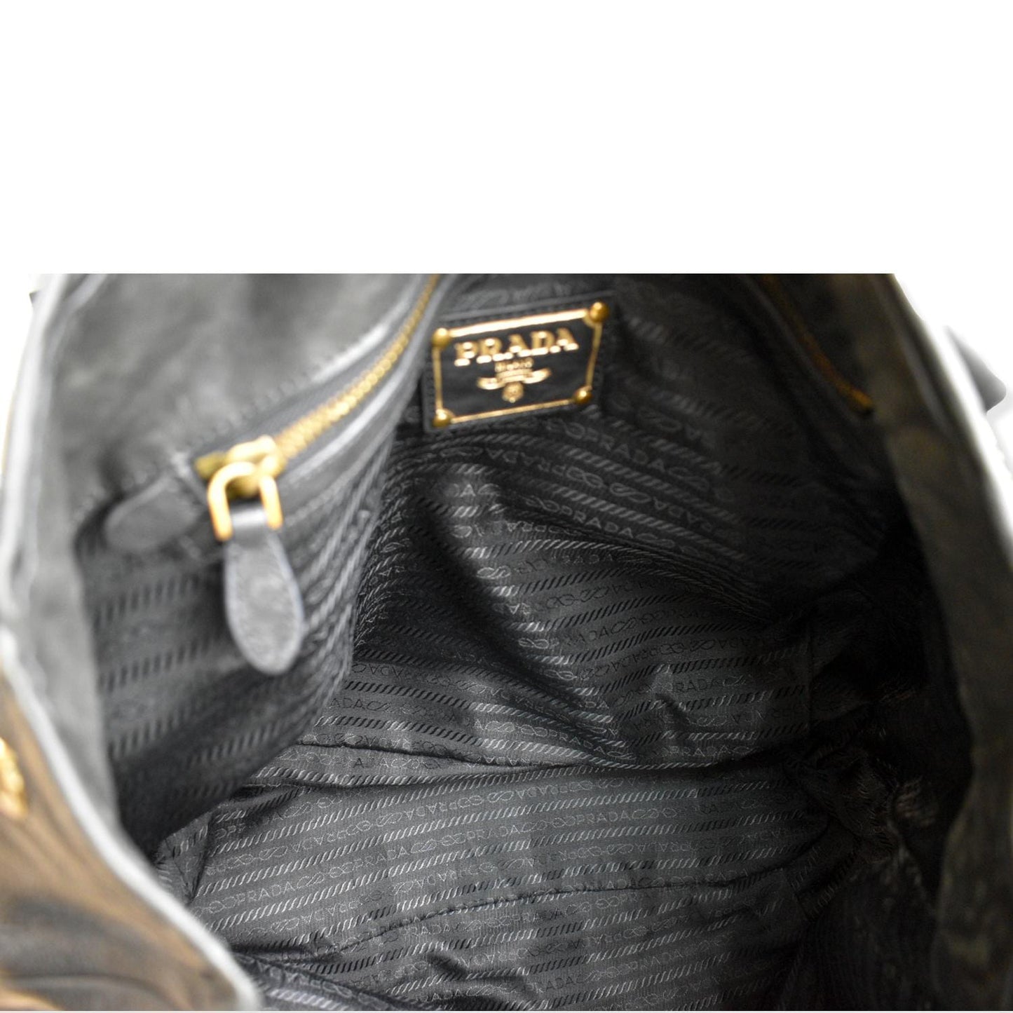 PRADA Vitello Daino Logo Embossed Leather Hobo Bag Black